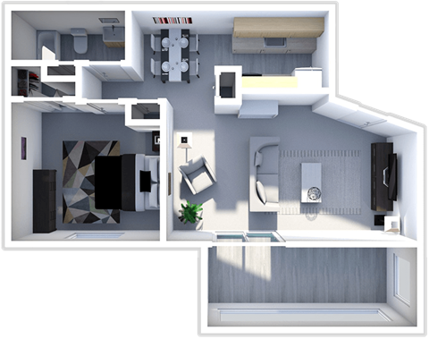 Floor plan for 1 bed, 1 bath, 743 sqft